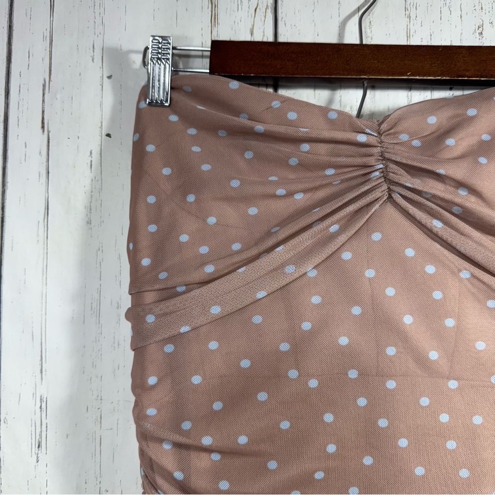 Zara Strapless Polka Dot Midi Dress Nude Beige Ruched Bodycon XL Neutral Classy - Picture 3 of 15